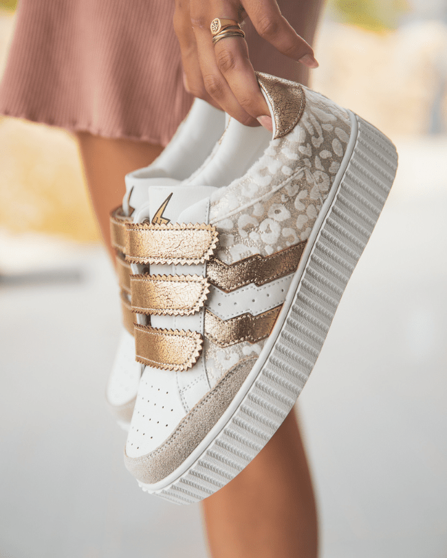 Damen-Sneaker in Gold, Leopardmuster und Weiß mit Klettverschluss - CL60 GOLD - Casualmode.de