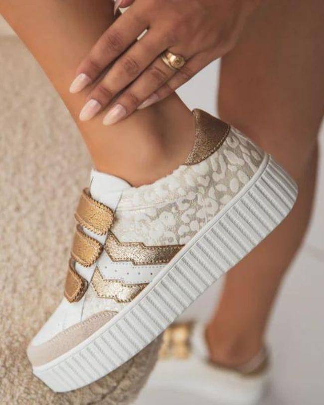 Damen-Sneaker in Gold, Leopardmuster und Weiß mit Klettverschluss - CL60 GOLD - Casualmode.de