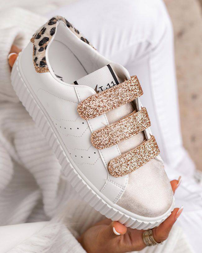 Damen-Sneaker in Weiß und Leopardenmuster mit Klettverschluss - CL42 LEO - Casualmode.de