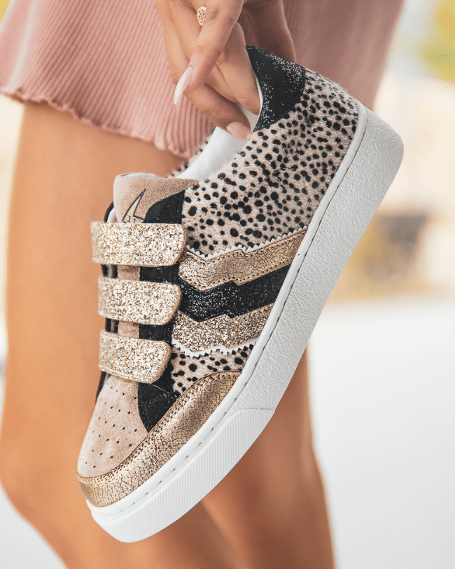 Damen-Sneaker in Gold mit Leopardenmuster und Klettverschluss - CL13 GOLD - Casualmode.de