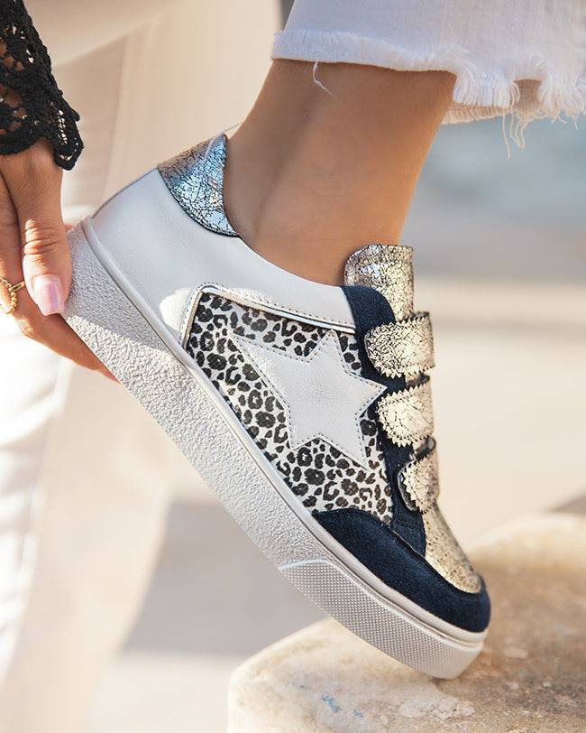 Damen-Sneaker mit blauem Stern und Leopardenmuster-Klettverschluss - Julie - Casualmode.de