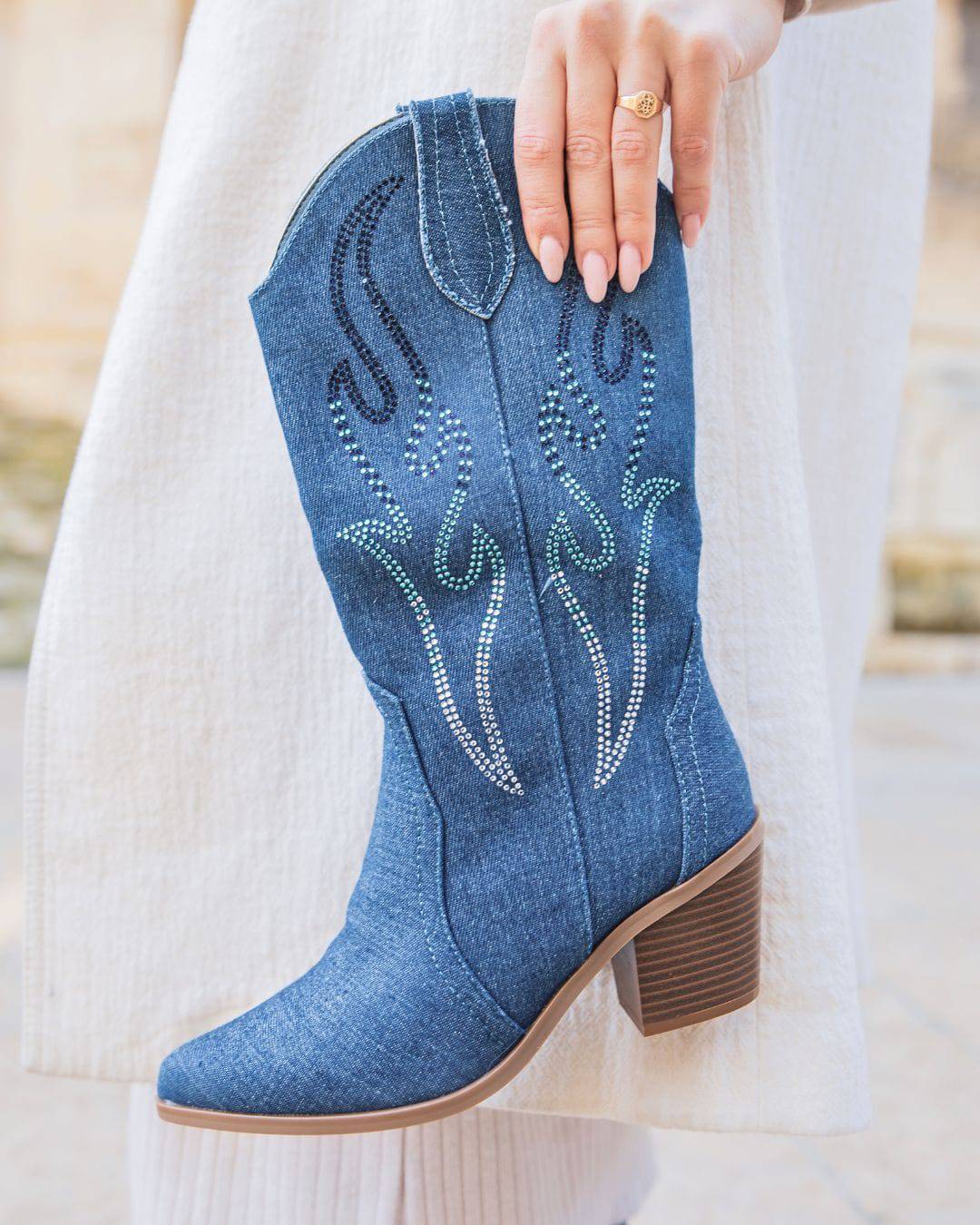 Damen Denim Blue Jeans Santiagos Stiefel mit Absatz – Mona - Casualmode.de